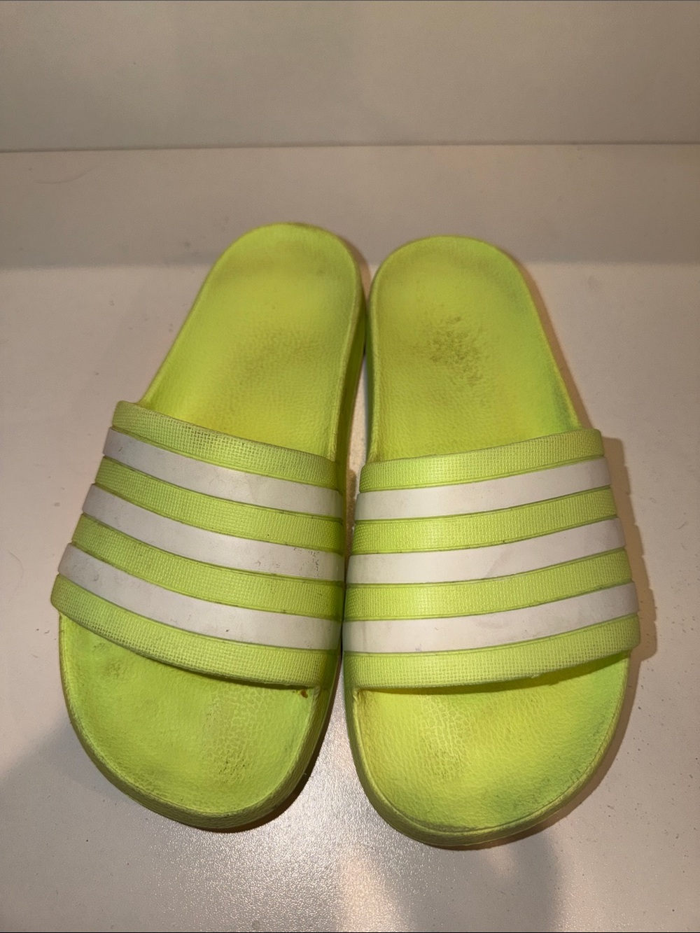 adidas Neon Lime Slide Sandals with White Stripes